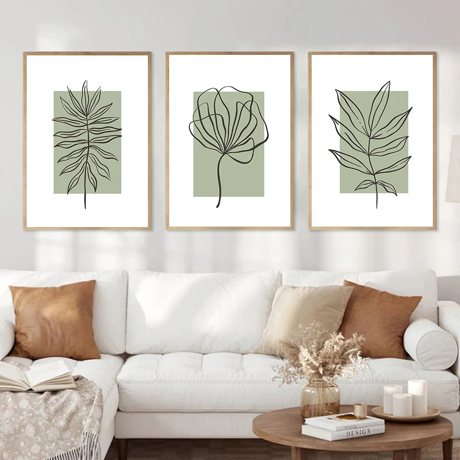 Frameless Sage Green Botanical Line Neutral Wall Poster Prints Bedroom Wall Canvas Painting Prints for Living Room Home Decor Cu view 2