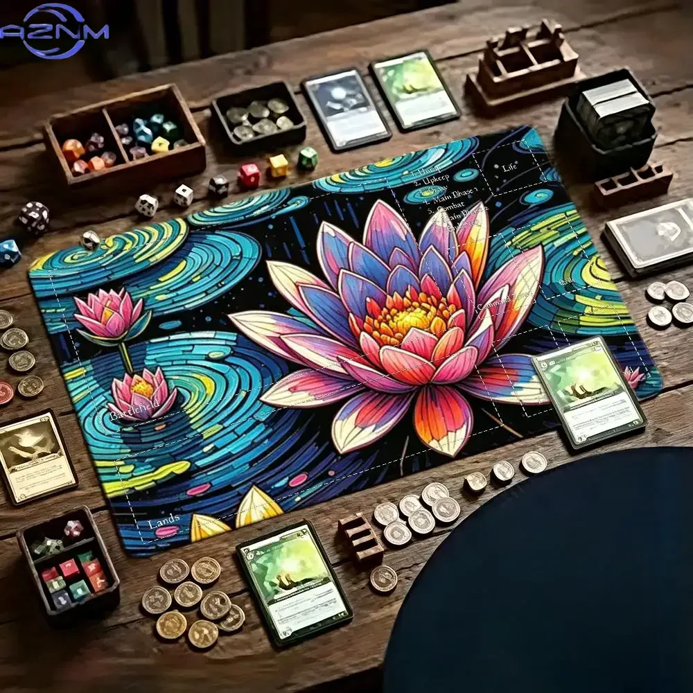 TCG Playmat Trading Card Game Mat Colorful Lotus Pond Full Zoned Layout Battlefield Lands Command Zone Non Slip Rubber MTG Magic