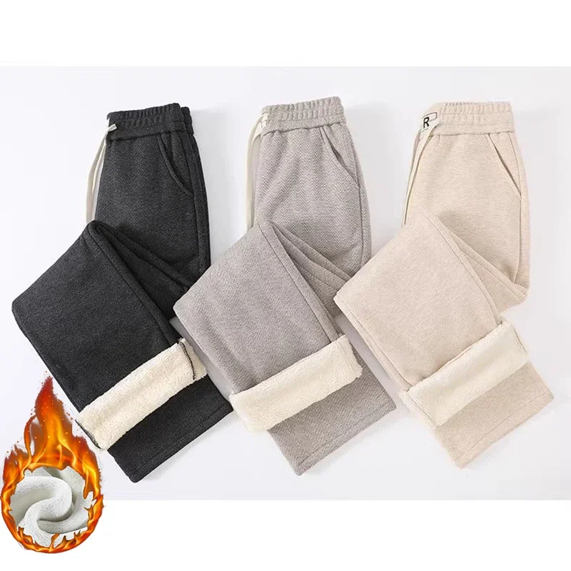 Winter Girls Snow Warm Velvet Straight Leg Pants Female High Waist Plush Trousers Women Solid Color Fleece Thermal Pants