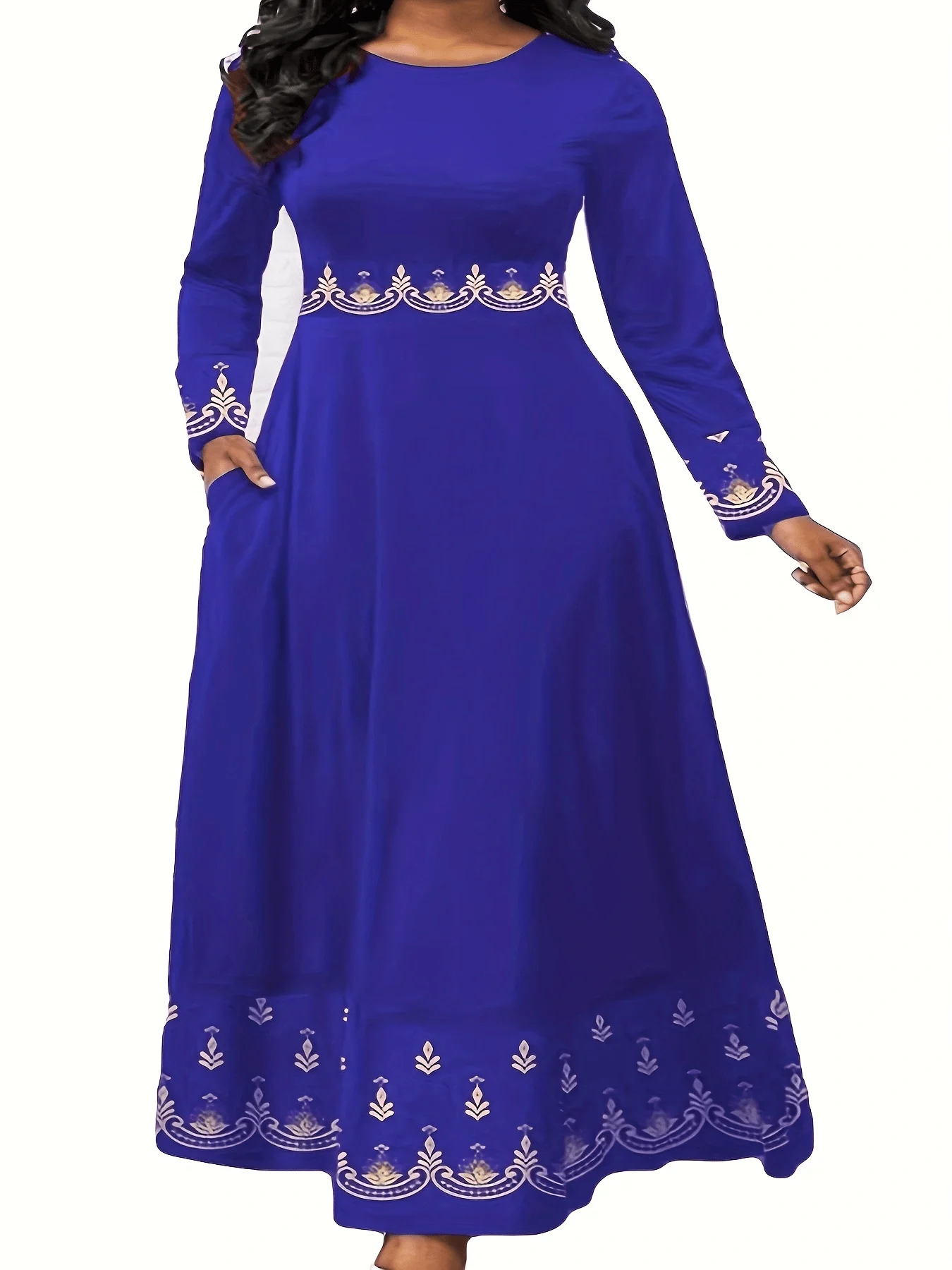 

PLUS SIZE Elegant Vintage-Inspired Geometric Print Long Sleeve Pendulum Dress - Crew Neck, Micro Elasticity, Polyester Material