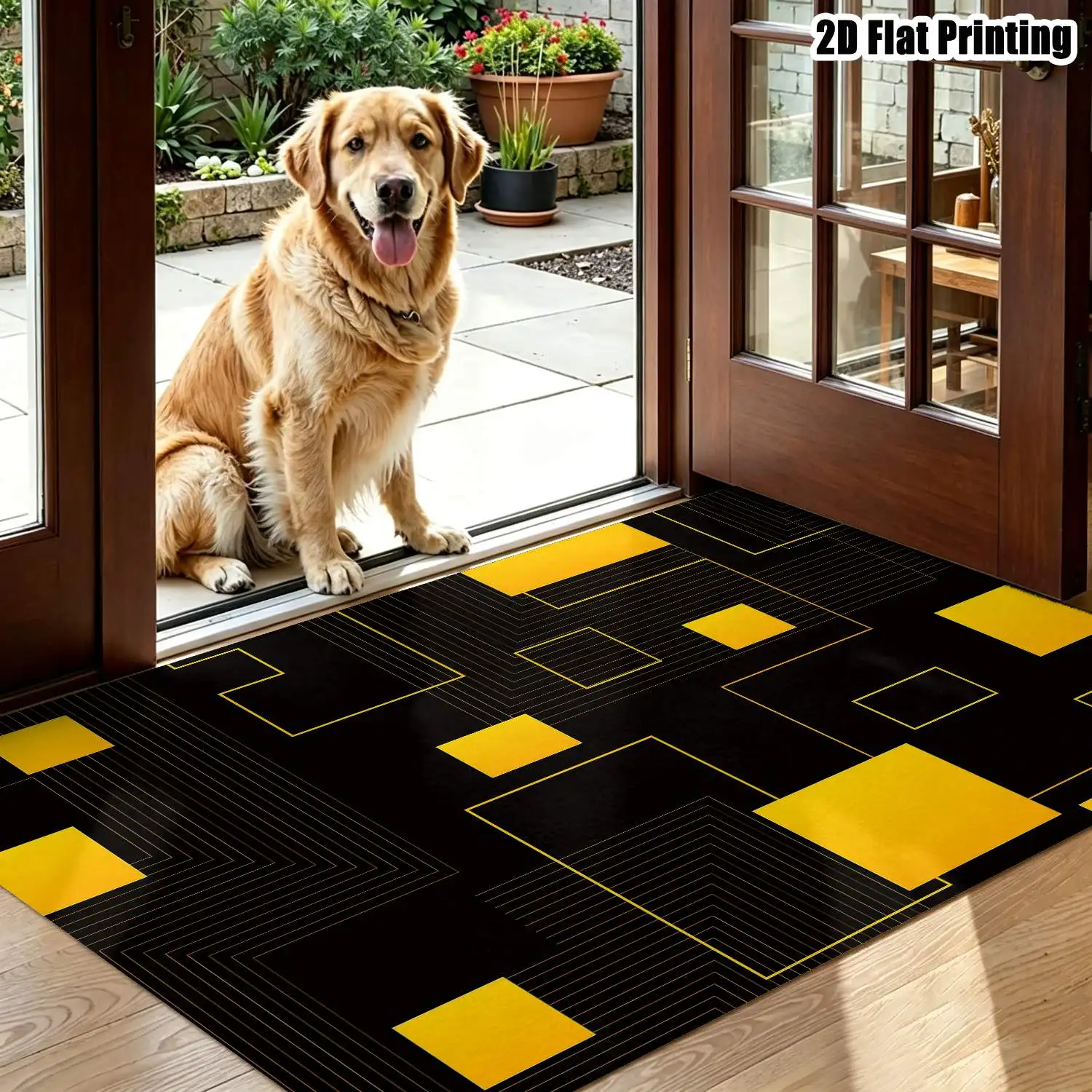 1Pc 2D Printed Black Background Yellow Geometric Pattern Carpet Modern Minimalist, Nordic, Instagram Style, Machine Washable, Multi-Size, Suitable for Living Room, Bedroom, Dining Room, Entrance, Study Home Decor.
