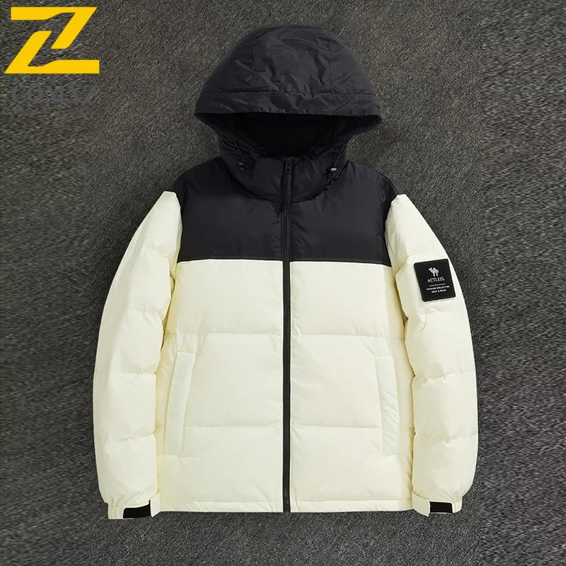 

COMXZ Luxurious Down Jacket Men High Quality Splicing Hooded Skiing Windproof Coat White Duck Down Winter Trendy Puffer Coat