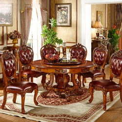 European dining table and chair combination solid wood carving flower marble round table with turntable