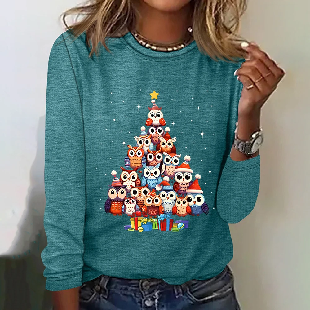 Christmas Owls Cute Cartoon Pattern Women\'s T-shirts Christmas Fashion Loose Long Sleeves T shirt Autumn Cotton Women Clothing