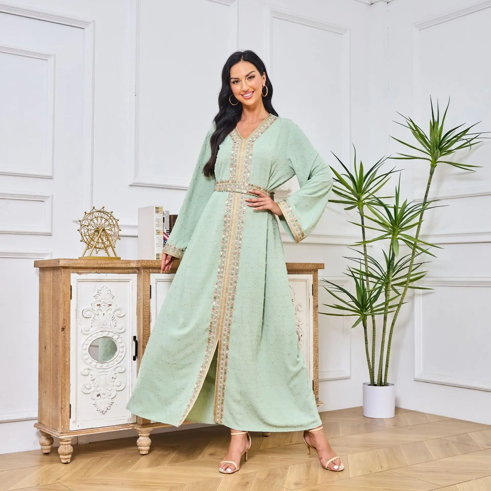 

Женское мусульманское простое модное длинное платье с вышивкой, марокканское платье макси, женское повседневное платье с v-образным вырезом для женщин, Vestidos Robe