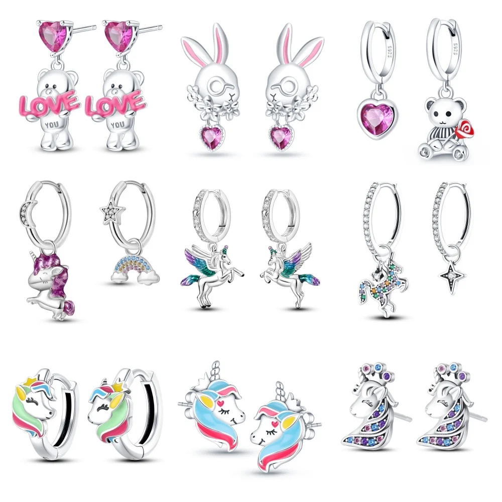 

CYCUFF 925 Sterling Silver Hoop Earrings Rainbow Seven-color Pony Pink Bear Animal Women's Party DIY Gift Charm Jewelry Earrings