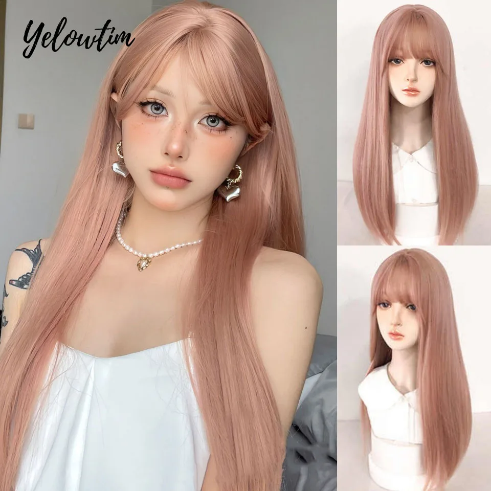 

Long Silky Straight Synthetic Wigs with Bangs Powder Cosplay Party Lolita Hair Wigs for Women Natural Heat Resistant Wig LM
