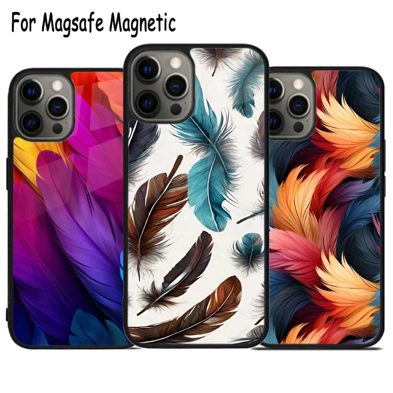 Multicolored Feathers Wireless Charge Magsafe Phone Case For iPhone 15 16 14 13 11 12 Pro Max Plus Magnetic Bumper Cover