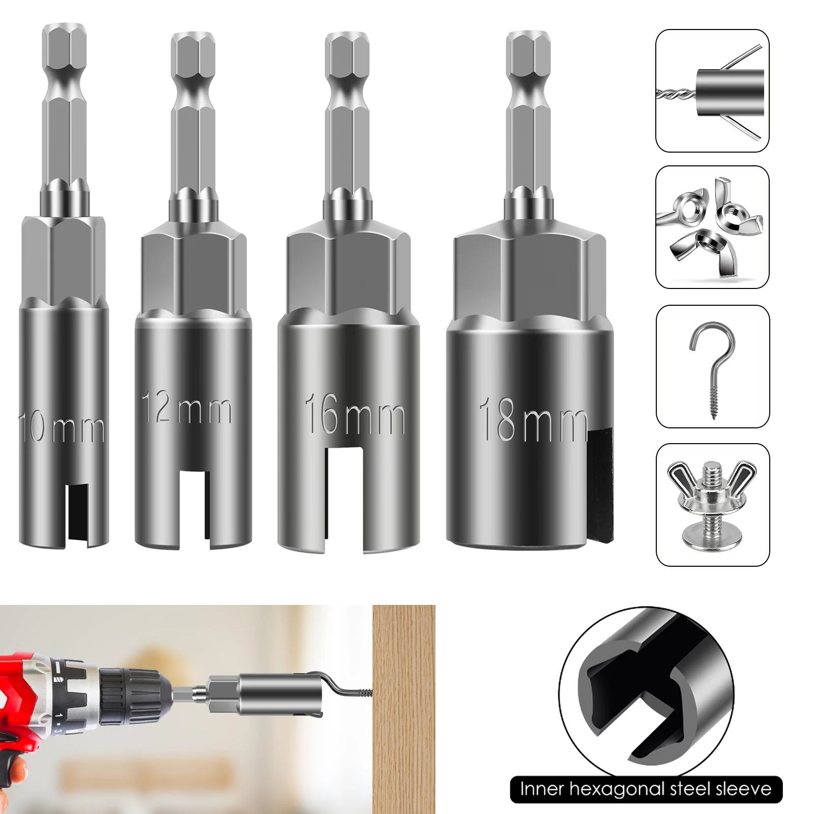 Wing Nut Driver Sockets 1/4”Hex Shank Wing Nut Driver Set 10-19mm Nut Driver Set Drill Bit Sockets for Panel Nuts Screws Bolt