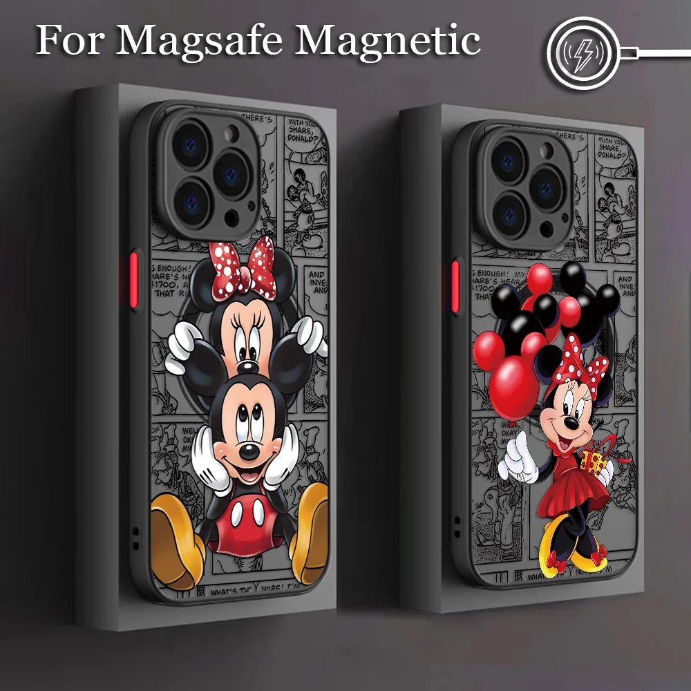 Capa de Celular Magnética Fosca com Desenho Mickey e Minnie para iPhone 17 16 15 14 13 12 11 Pro Max Mini XR XS X 7 8 Plus