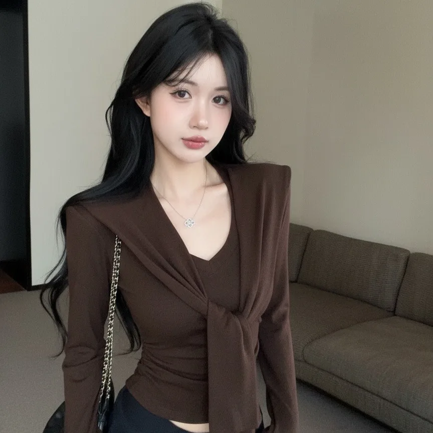 Otoño Invierno nuevo Sle mujer largo Sve v-ne Slim Fit Top cintura ceñida ancho corregido Camere Wrap suéter