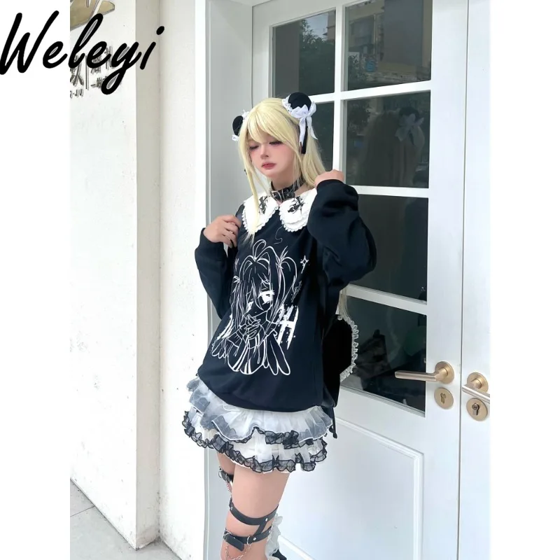 Jirai Kei Gothic Streetwear Women Hoodies Blusas Autumn New Sweet Dark Subculture Print Doll Collar Loose Long Sleeve Sweatshirt