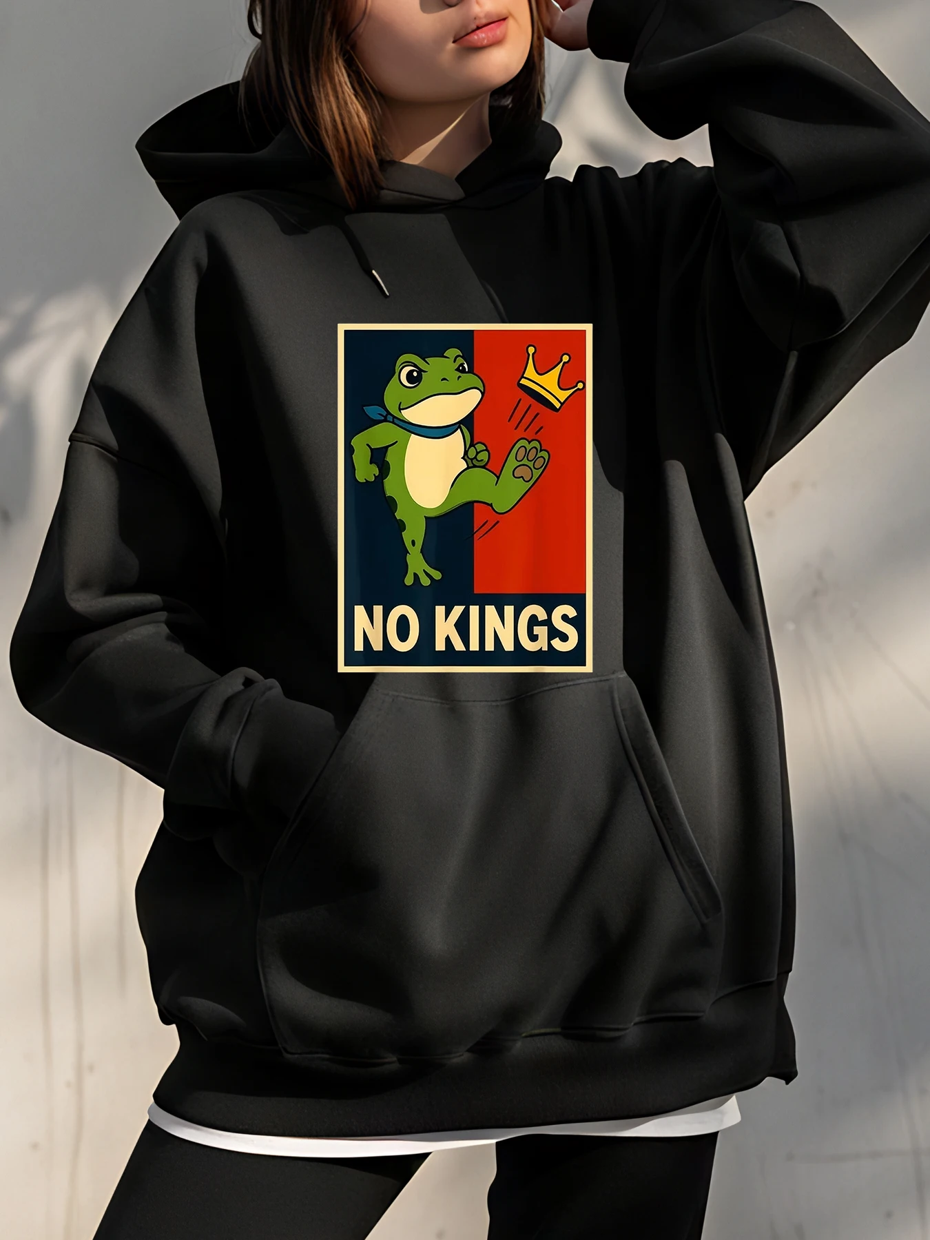 

【Хэллоуин】 Толстовка с принтом лягушки без королей, повседневная уличная одежда, дизайн с графикой лягушки и короны, женская, уличная и повседневная одежда + 220 г