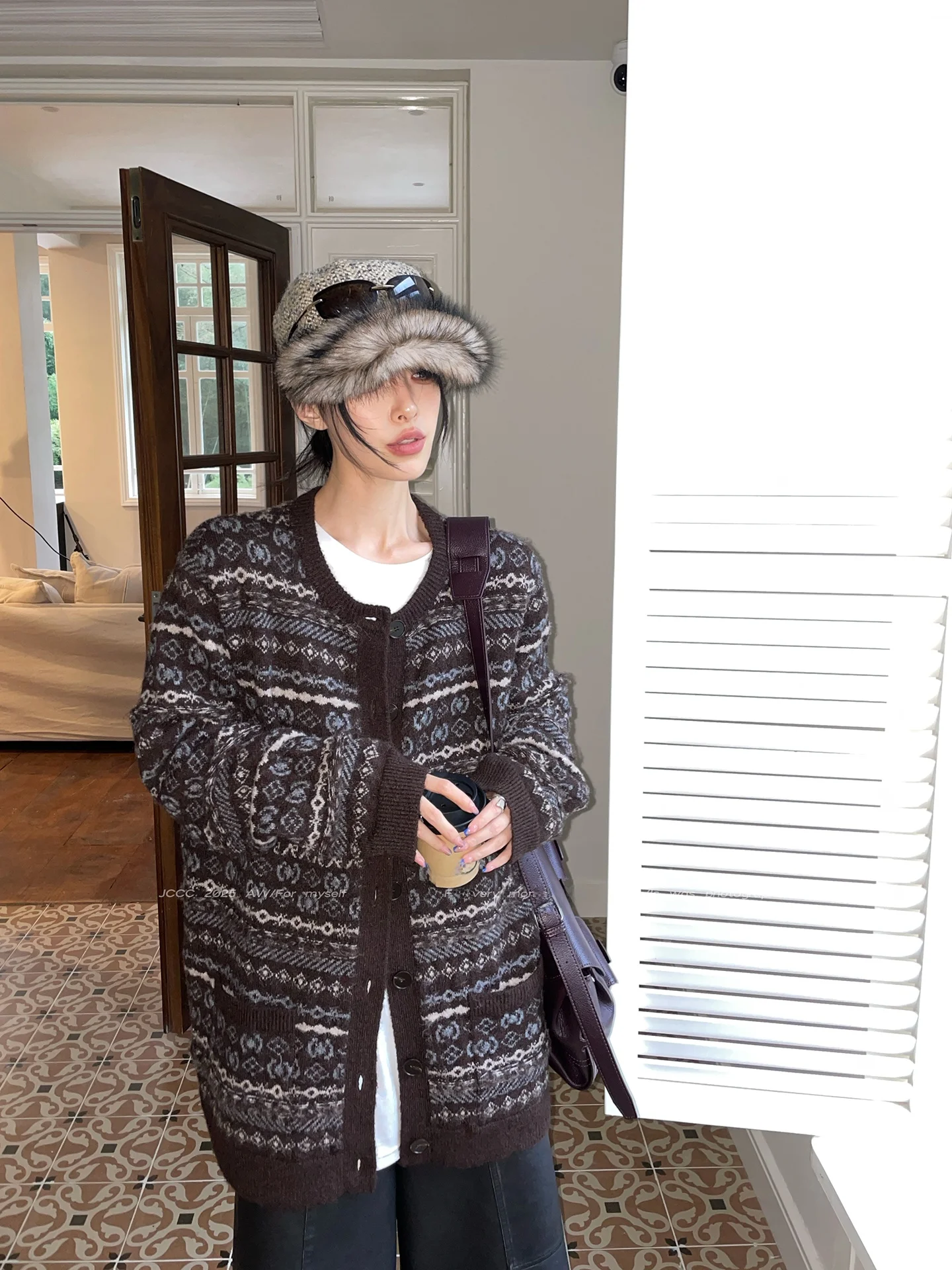 

Retro JCCC adow Coffee Tone Knitted Cardigan Coat Lazy Versatile Fair Isle Pattern Long Sve round Ne Open Front Coat