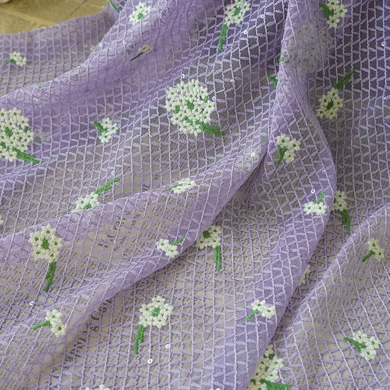 

Sequined Mesh Plaid Dandelion Embroidered Fabric, Beautiful Draping Material for Dresses, Simple Style Mesh Sewing Fabric