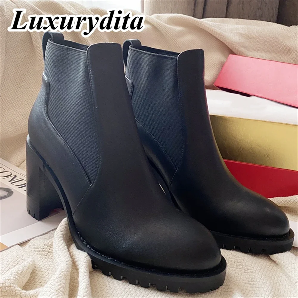 

LUXURYDITA Designer Womens High heels boot Luxury Real Leather Ankle boots Red heel Retro Classic thigh high long boots H732