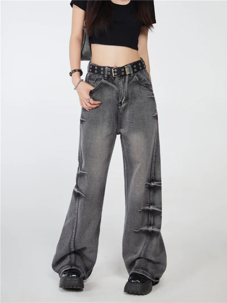 Spring Autumn American Retro Wide Leg Casual Loose Jeans Korean Fashion Women's High-waisted Vintage Female Summer Pants Waist