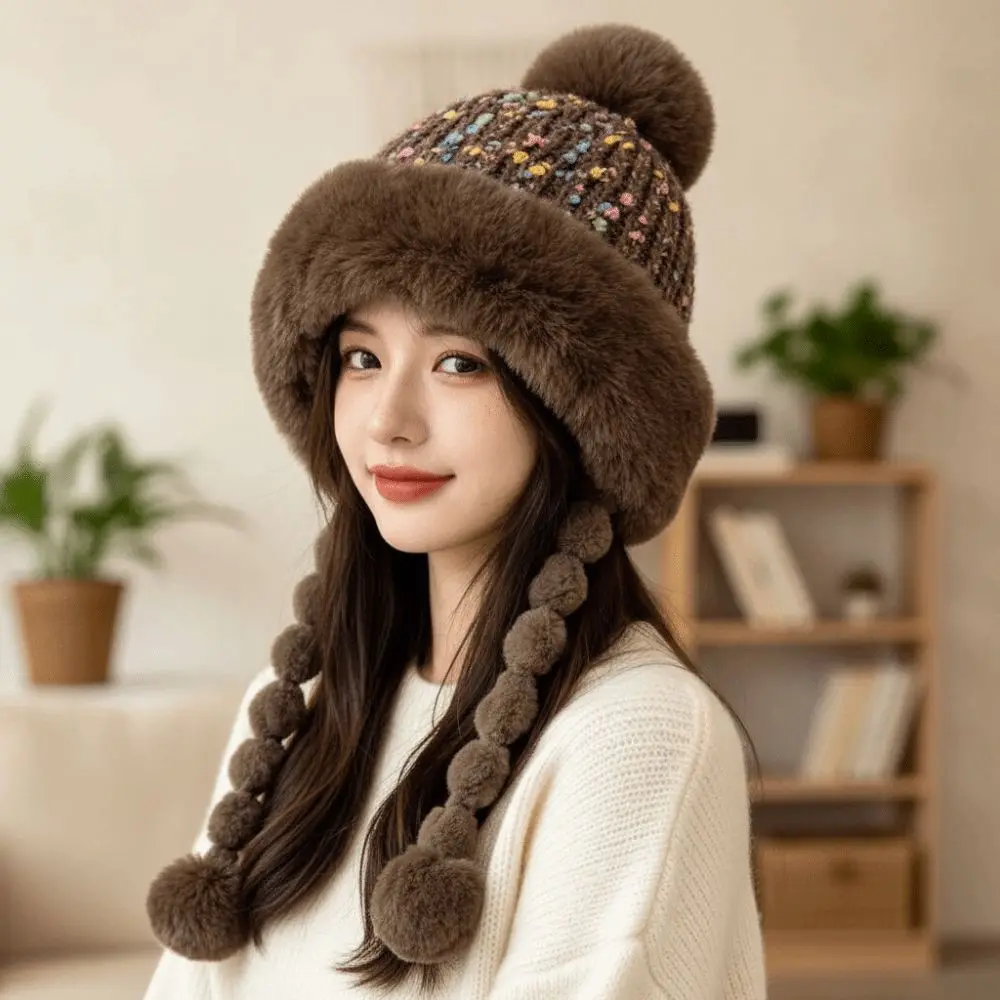 Fleece Lined Pompom Braids Hat Striped Knit Soft Yarn Fur Trim Trapper ElasticThick Thermal Earflap Winter Cap Travel