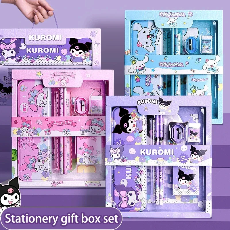 Sanrio 12 pçs kuromi conjunto de papelaria cinnamoroll minha melodia lápis borrachas réguas estudante material escolar estudo papelaria presentes