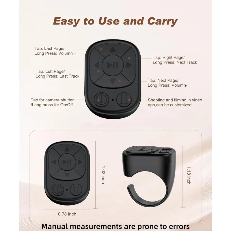 Both Camera Shutter, Short Video and Music Remote Control Function For Iphone, IPad Bluetooth Page Turning Ring Roller