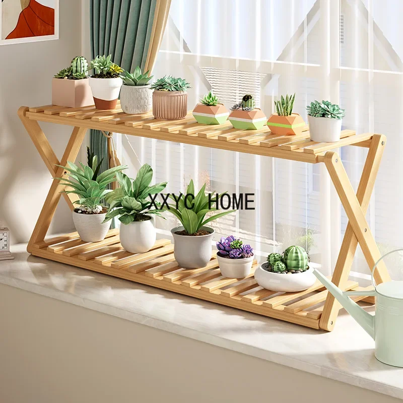 Foldable bamboo Flower Stand Windowsill Balcony Shelving Double Partition Floor Pot Succulent Pot Holder