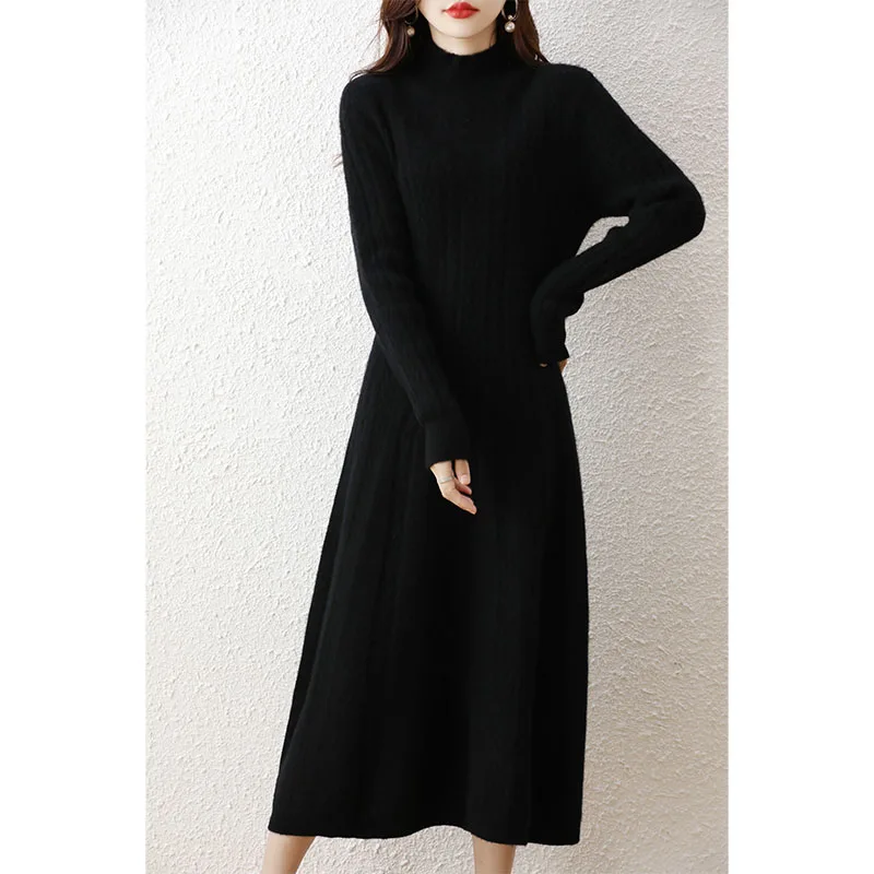 2022 Autumn Winter New Women Fashion Dress 100% Wool Thicken Warm Sweater Dress Long Sleeve Knit Pullover Female Casual Dresses