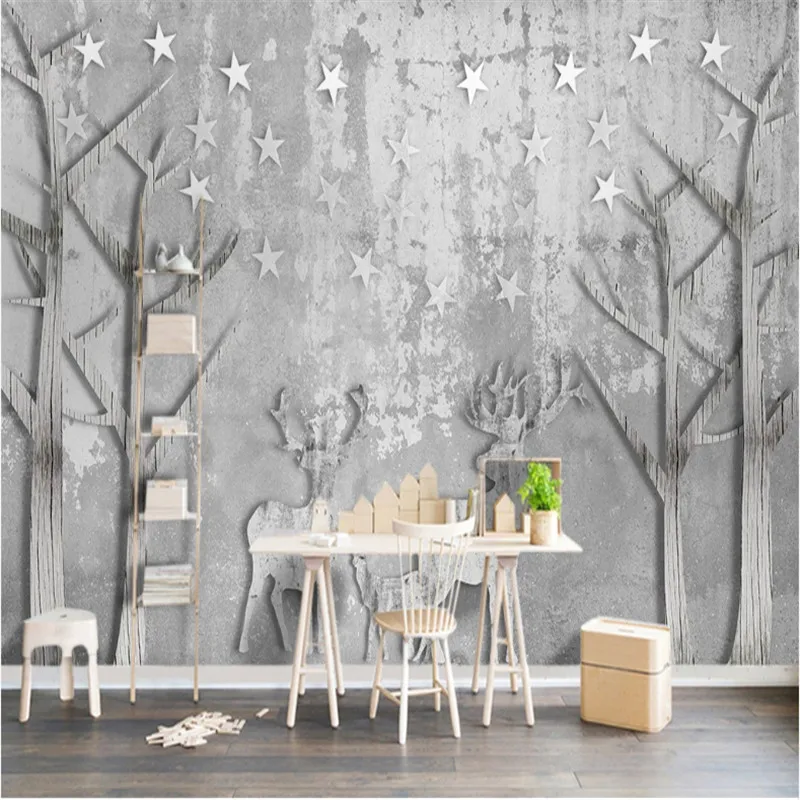 

European Retro Forest Elk Living Room Bedroom Decor Mural Wallpaper 3D Gray Cement Wall Papers Home Decor Papel De Parede 3d