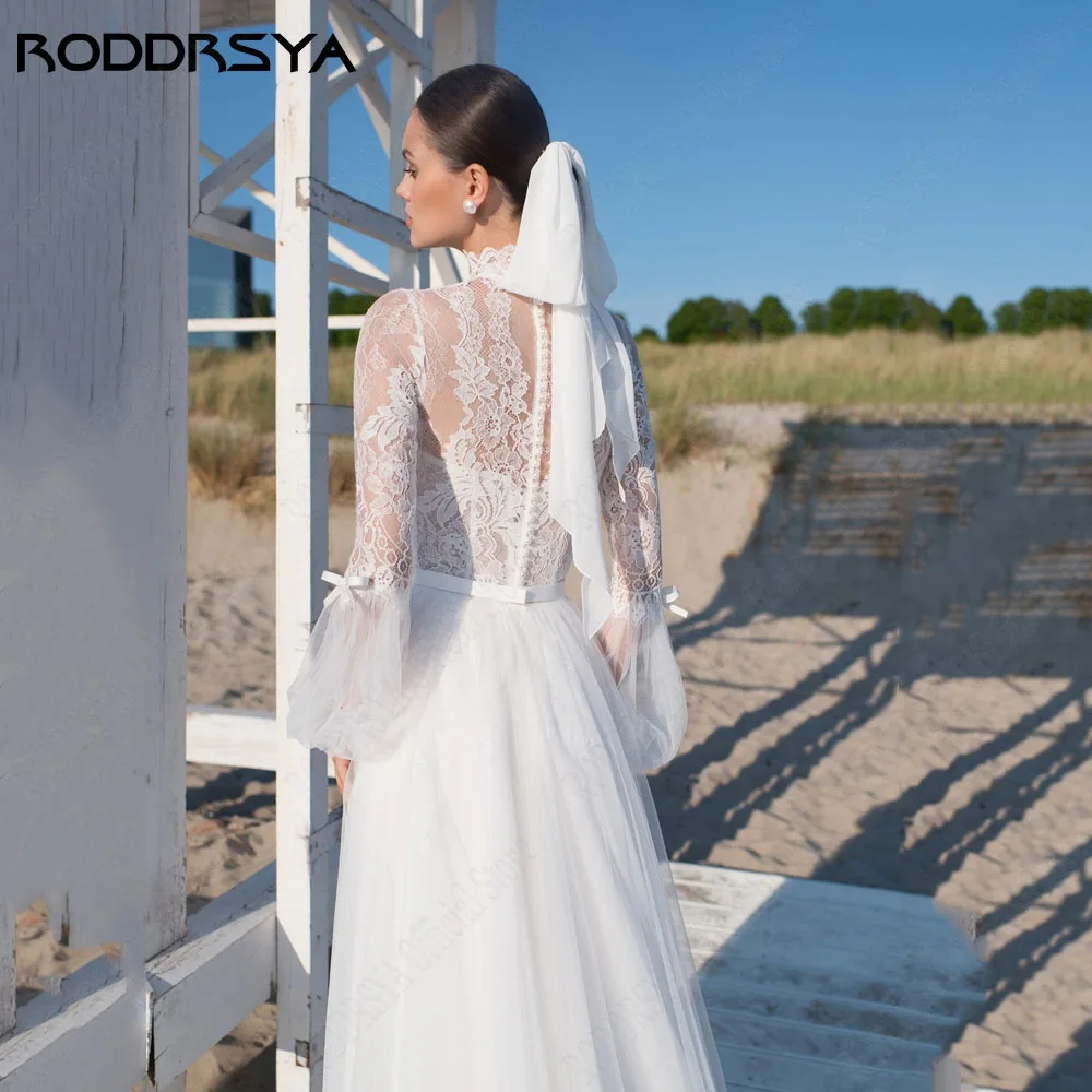 RODDRSYA gaun pengantin renda sipil 2024 gaun pengantin A-Line Tulle lengan panjang kancing belakang leher tinggi ukuran Plus vestido de noiva