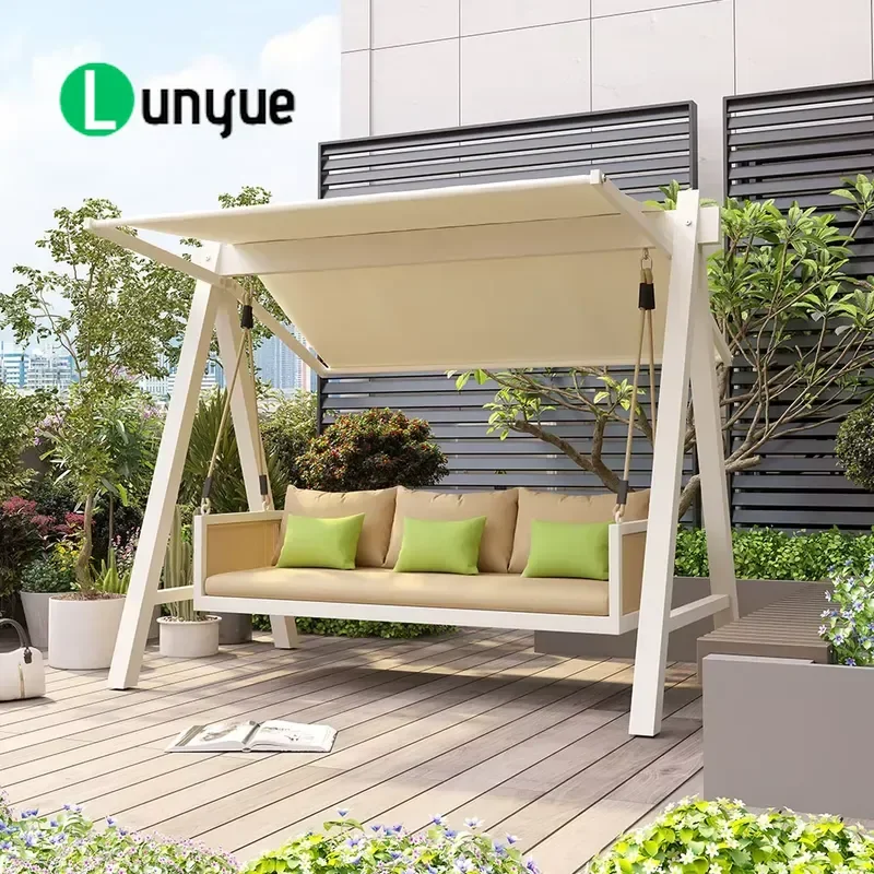 Outdoor Aluminum Porch Swing for 2-3 People with Stand Canopy and Cushion Rust Proof All Weather Furniture for Courtyard