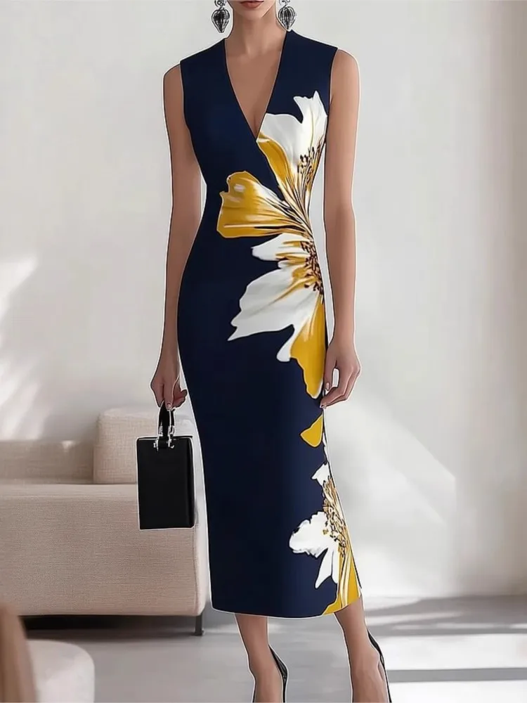 

Elegant Women's Dress Sexy V-neck Sleeveless Slim Dresses Summer Fashion Flower Print High Waist For Ladies Streetwear Vestidos