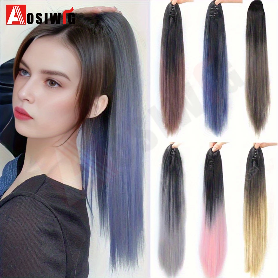 

20Inch Synthetic Black Gradient Haze Blue Long Straight Claw Clip On Ponytail Hair Extensions Hairpiece For Women Daily Party