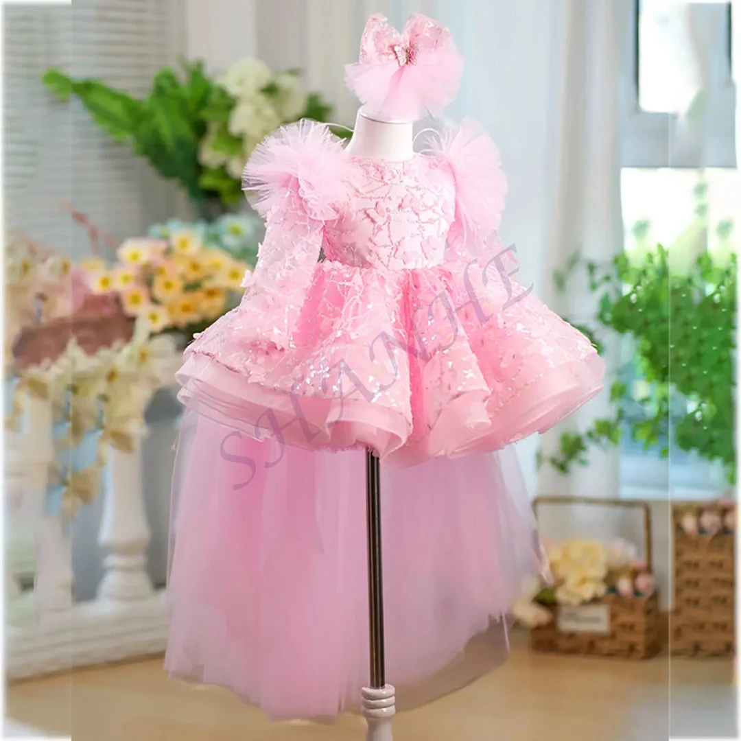 

CustomizedLuxury Yellow Flower Girl Dress with Train Lace Princess Children Wedding 1st Birthday Pageant Party Ball Gown