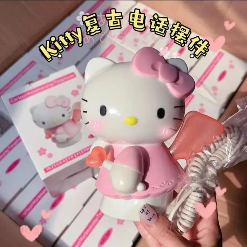 Hello Kitty Sanrio Plush Kawaii Cartoon Cute Angel Wings Medieval Corded Phone Ornament Anime Plush Toys for Girls Birthday Gift