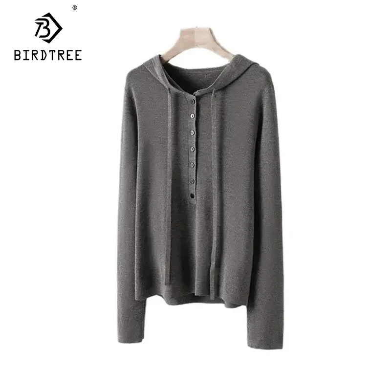 Birdtree, 100%Merino Wool, Women's Hooded Pullovers, Buttons, Commuting Casual Sweaters, 2024 Autumn Winter New Tops T49727QM