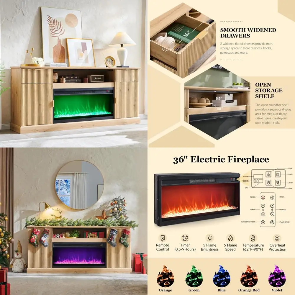 

Contemporary Electric Fireplace TV Stand, 36 Insert, Wood Media Console for 80 TVs, Entertainment Center