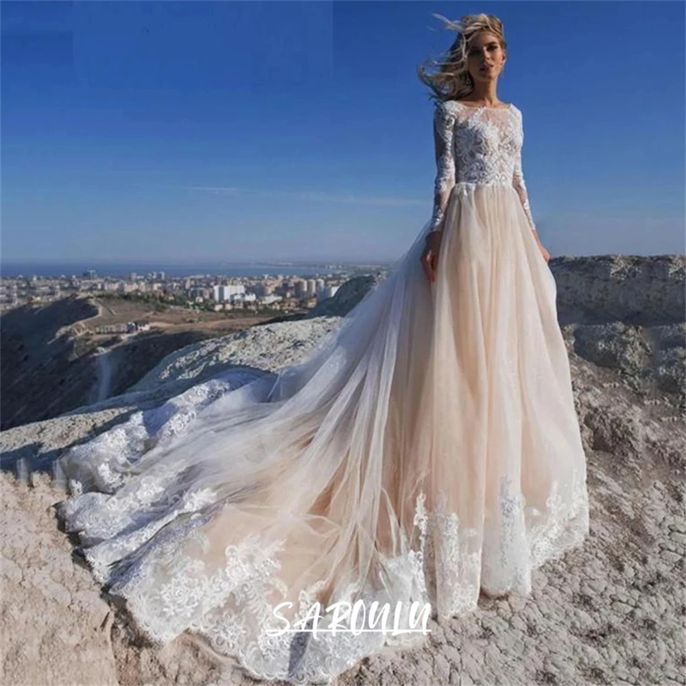 

A Line Bohemian Wedding Dress for Women 2024 Full Illusion Sleeves Lace Boho Bride Dresses Scoop Neckline Champagne lining