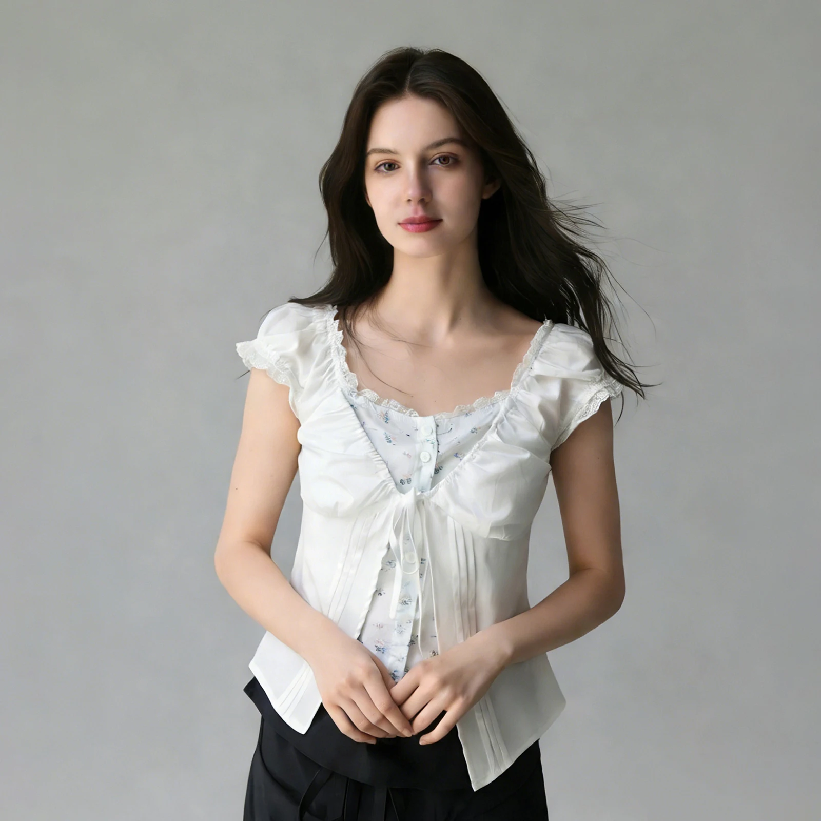 Women Fake Two Piece Lace Shirt, Short Sleeve Floral Button Closure Tie-up Patchwork Blouse Summer Tops