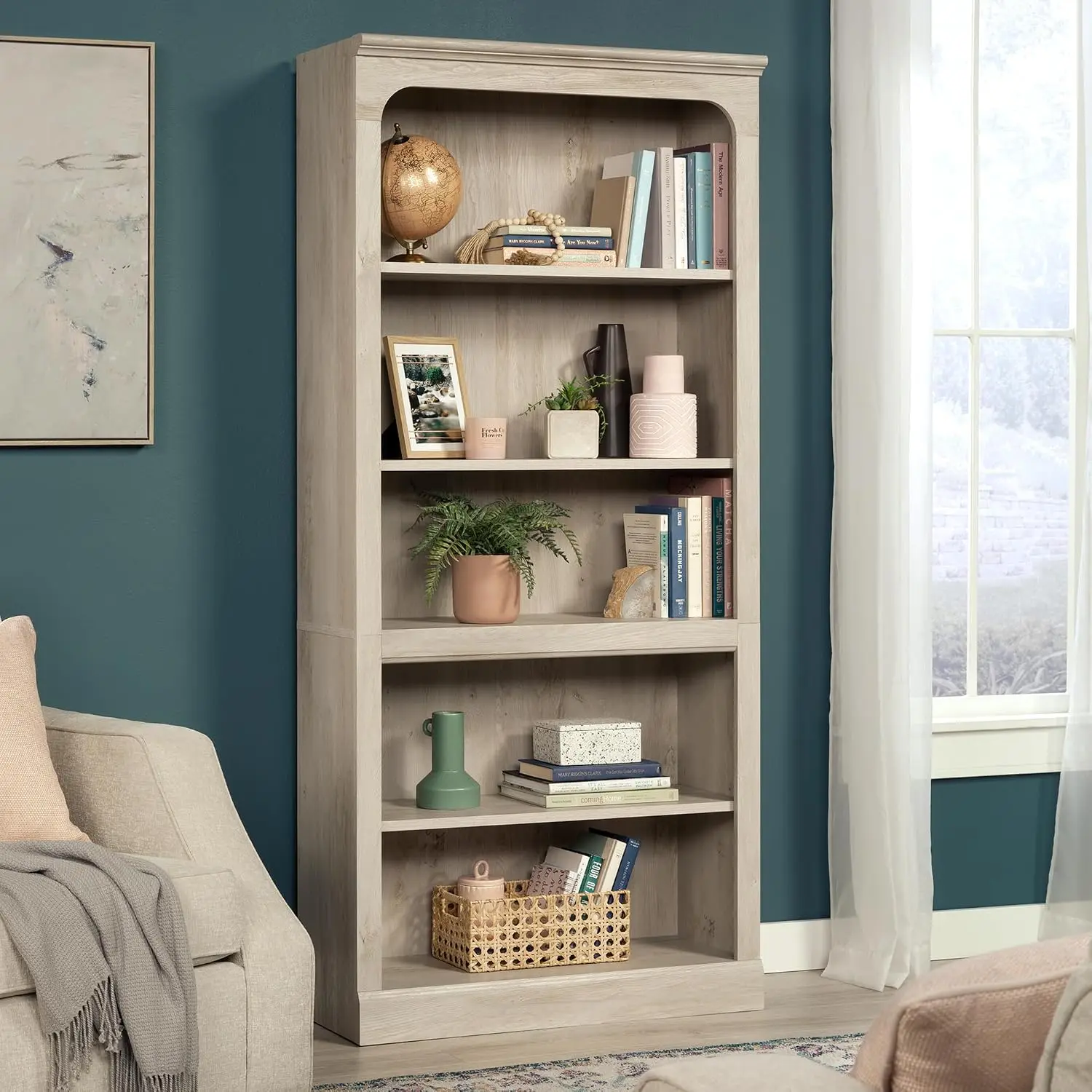 5-Shelf Wooden Bookcase Chalked Chestnut Finish Storage Display Home Office 71