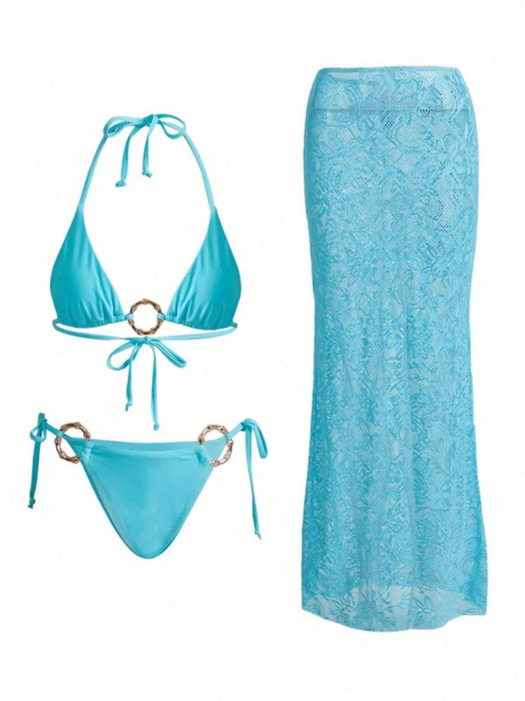 Sexy Mesh Long Skirt 3 Piece Bikini 2026 Women Sky Blue Metal Ring Push Up Tie Side Thong Swimwear Beach Bathing Suit Swimsuit