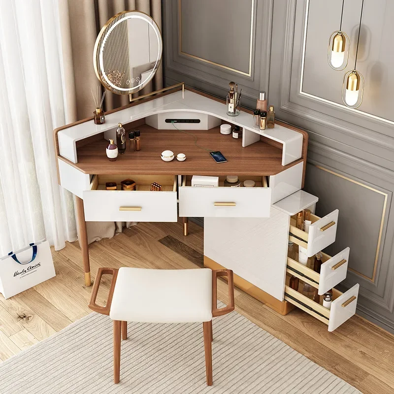 

Women Makeup Dressing Table Vanity Desk Angle Bedroom Luxury Corner Hairstyle Dresser Table with Mirror Penteadeira Furniture