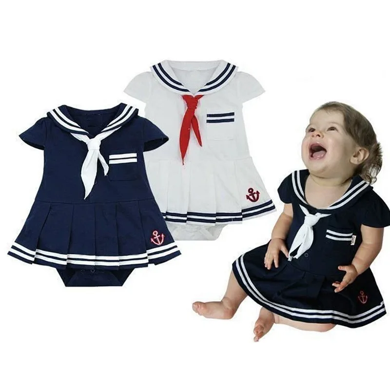 

Summer Baby Romper Newborn Girl Sailor Outfit with Diaper Button Infant Cotton Short Sleeve Jumpsuit with Hat Toddler Clothes