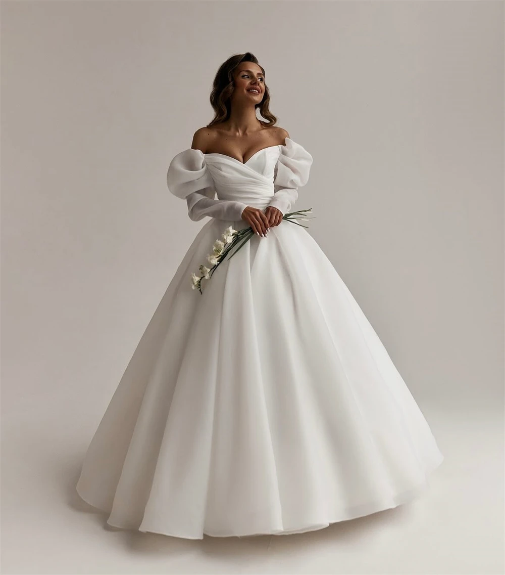 Vestido de novia de Organza blanco elegante personalizado, vestidos de novia sexis de manga larga con escote en forma de corazón, vestido de novia bohemio de corte en A