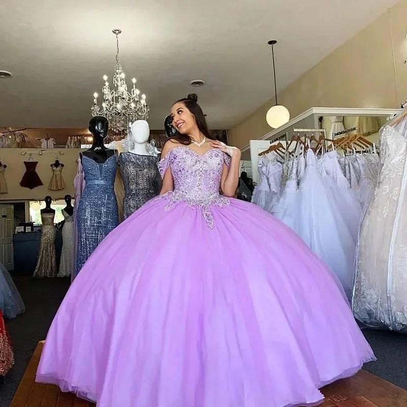 

ANGELSBRIDEP Lilac Quinceanera Dresses Off-Shoulder Sleeves Vestidos De 15 Anos Crystal Beading Birthday Party Princess Gowns