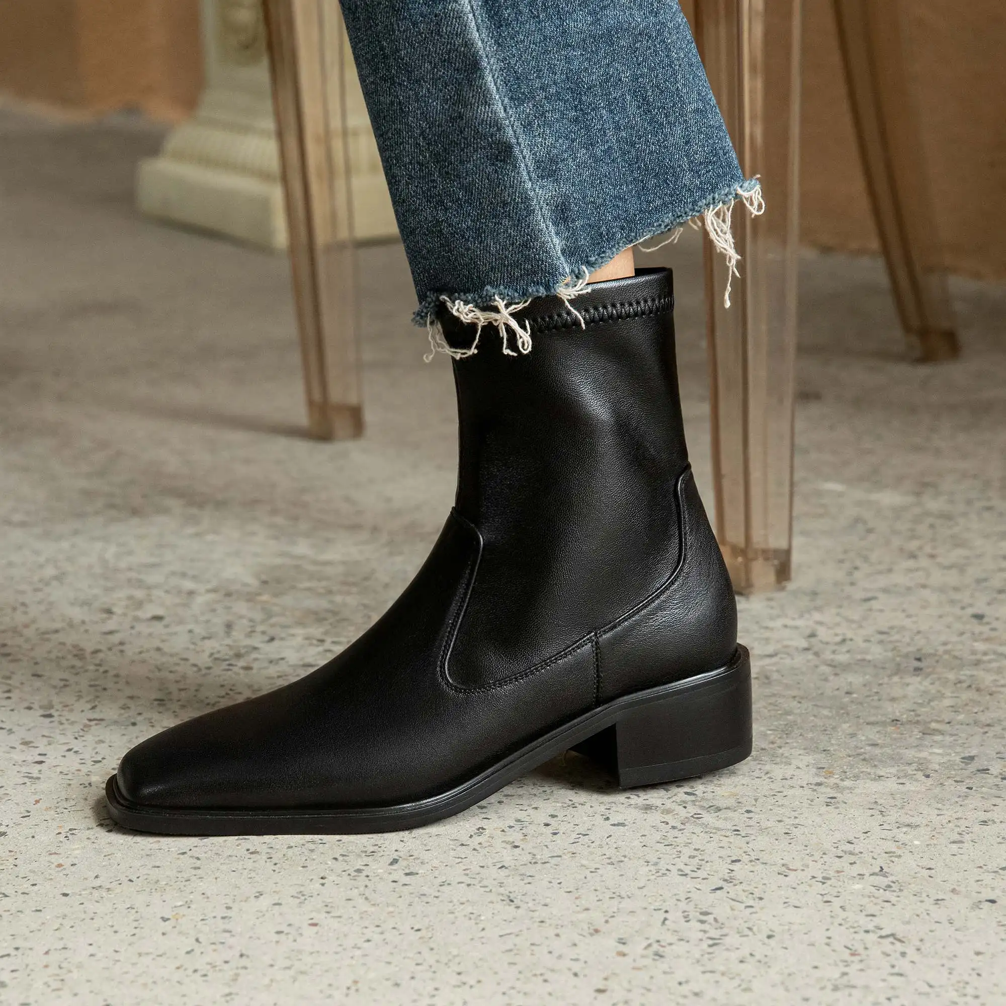 Krazing Pot 2025 Genuine Leather Square Toe Slip on High Heels Chelsea Boots Office Lady Casual Warm Winter Stretch Ankle Boots