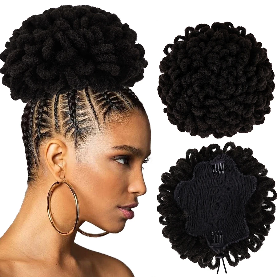 

Dreadlock Afro High Puff Drawstring Ponytail Hair Bun Hairpieces Faux Locs Clip In Pony Tail Synthetic Hair Buns For Black Women