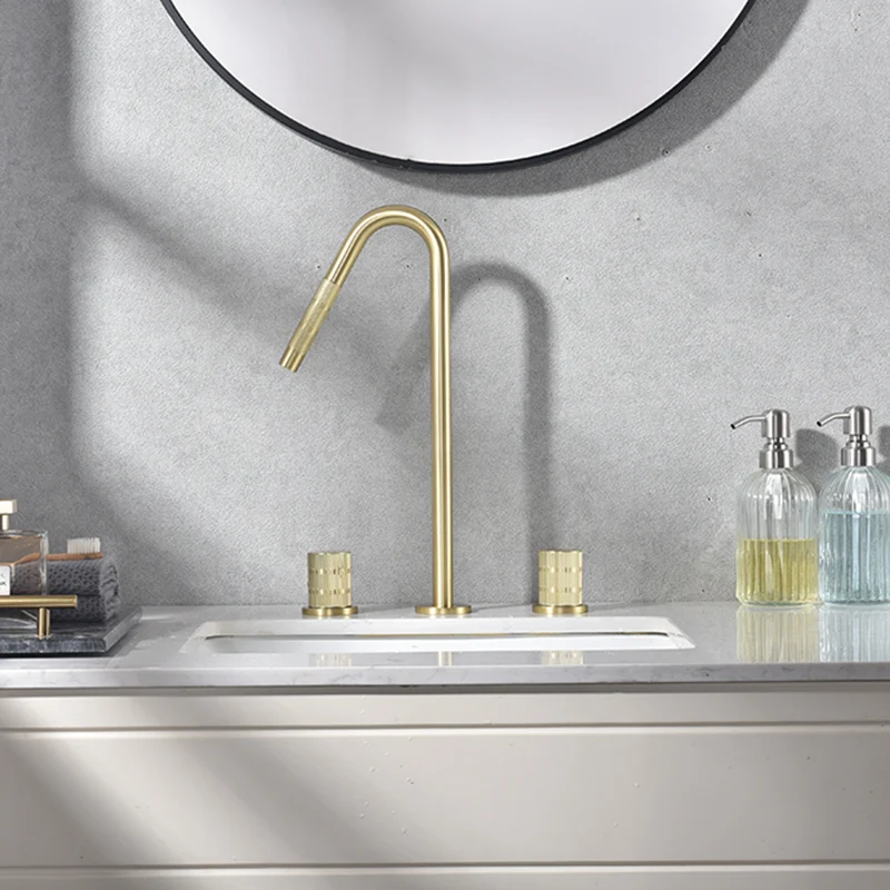 

Deck Mounted Bathroom Sink Faucets Three Hole Lavatory Vanity Sink Faucet Modern 2 Handle Hot and Cold Mixer Taps Gold
