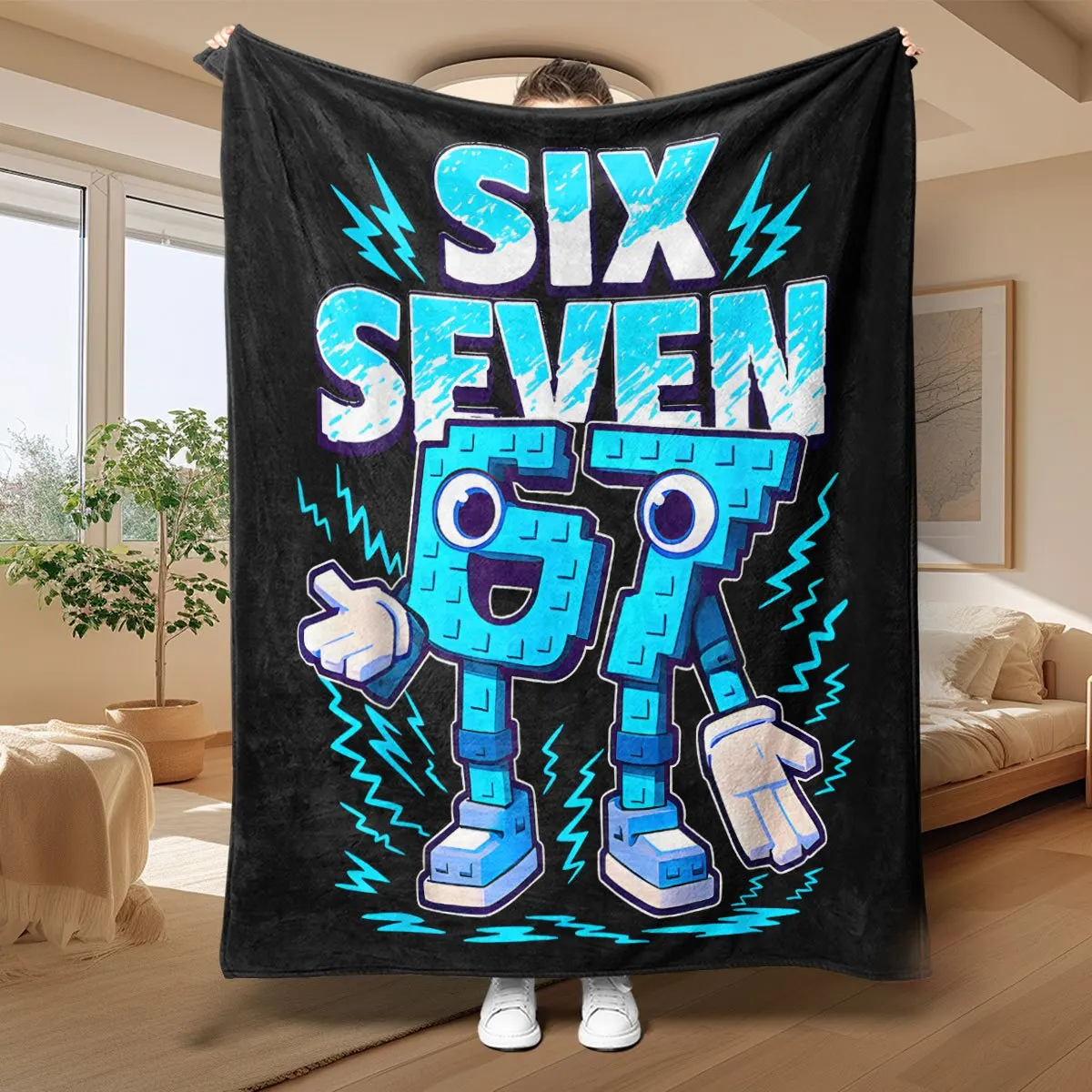 Number 67 Printed Quilted Bedspread - Blue Black Flannel Blanket, Lightweight for Sofa, Bed, Travel, Camping