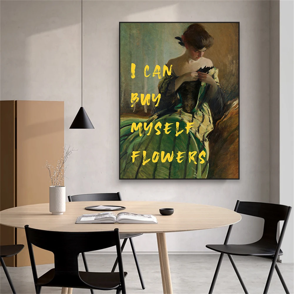 Altered Art Wall Print I Can Buy Myself Flowers Artwork Prints Poster Woman Motivational Quote Canvas Painting Bedroom Decor