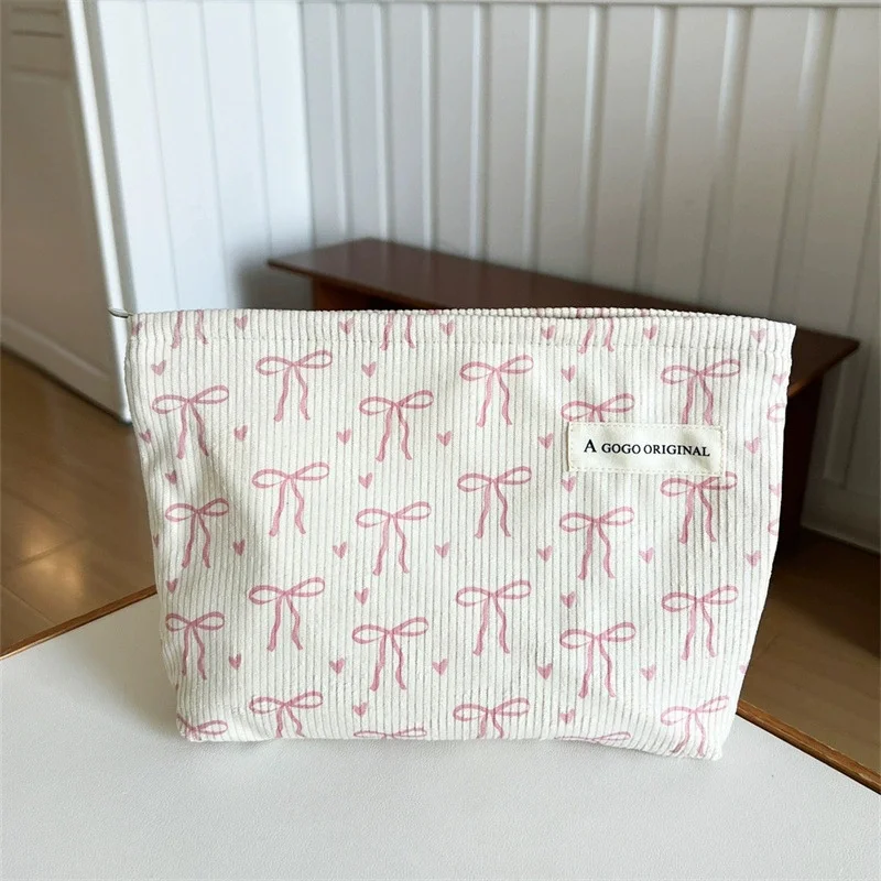Corduroy Travel Makeup Bag with Bow Pattern, Cosmetic Bag for Purse Organizer, Toiletry Bag with Zipper for Travel Essentials