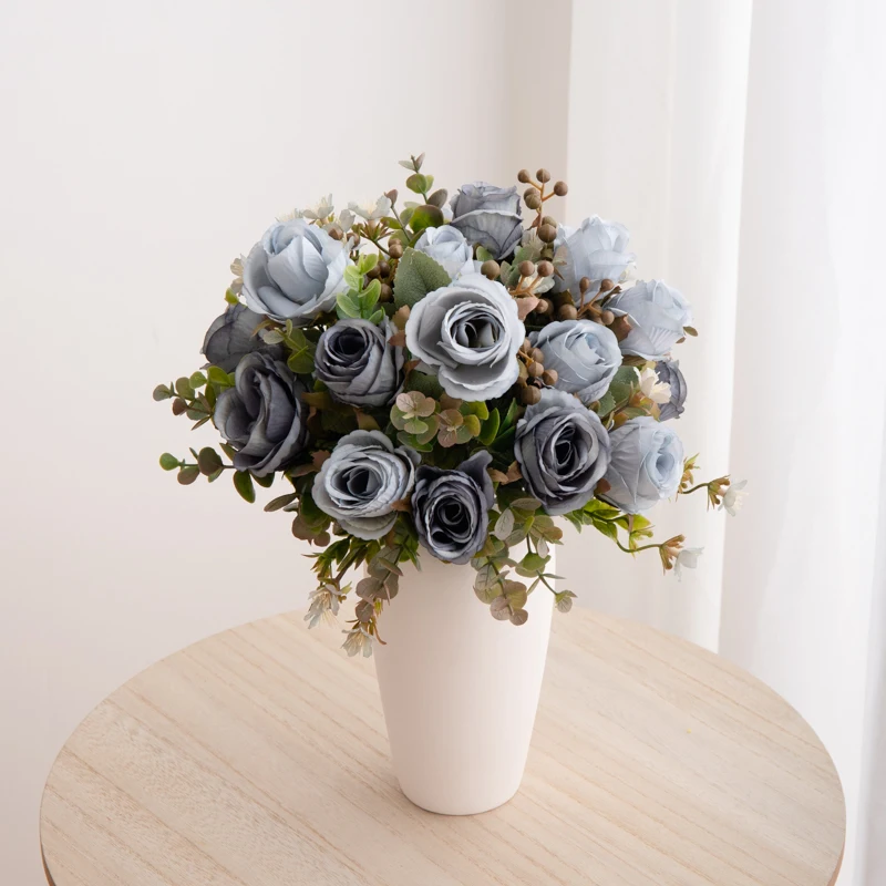 30cm Artificial Rose Flowers Bouquet Blue Silk Rose Christmas Wedding Home Room Decor Photo Prop Autumn Garden Arch Fake Flowers